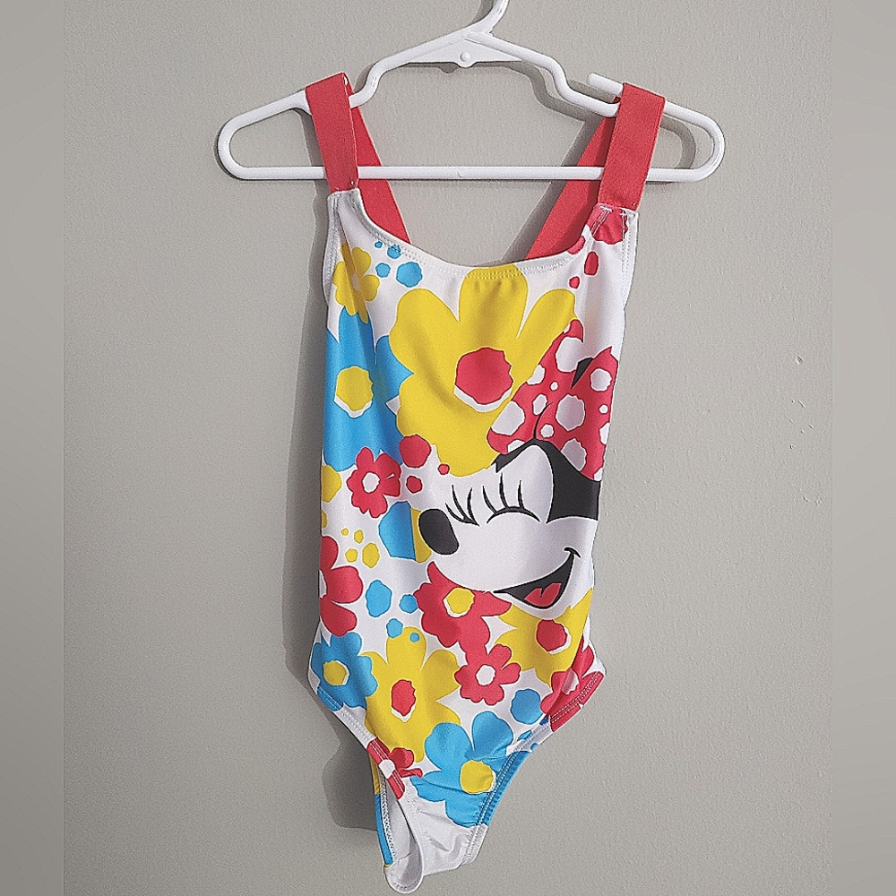 BNWOT Disney Minnie Mouse Size 5 one piece bathing suit white yellow blue coral